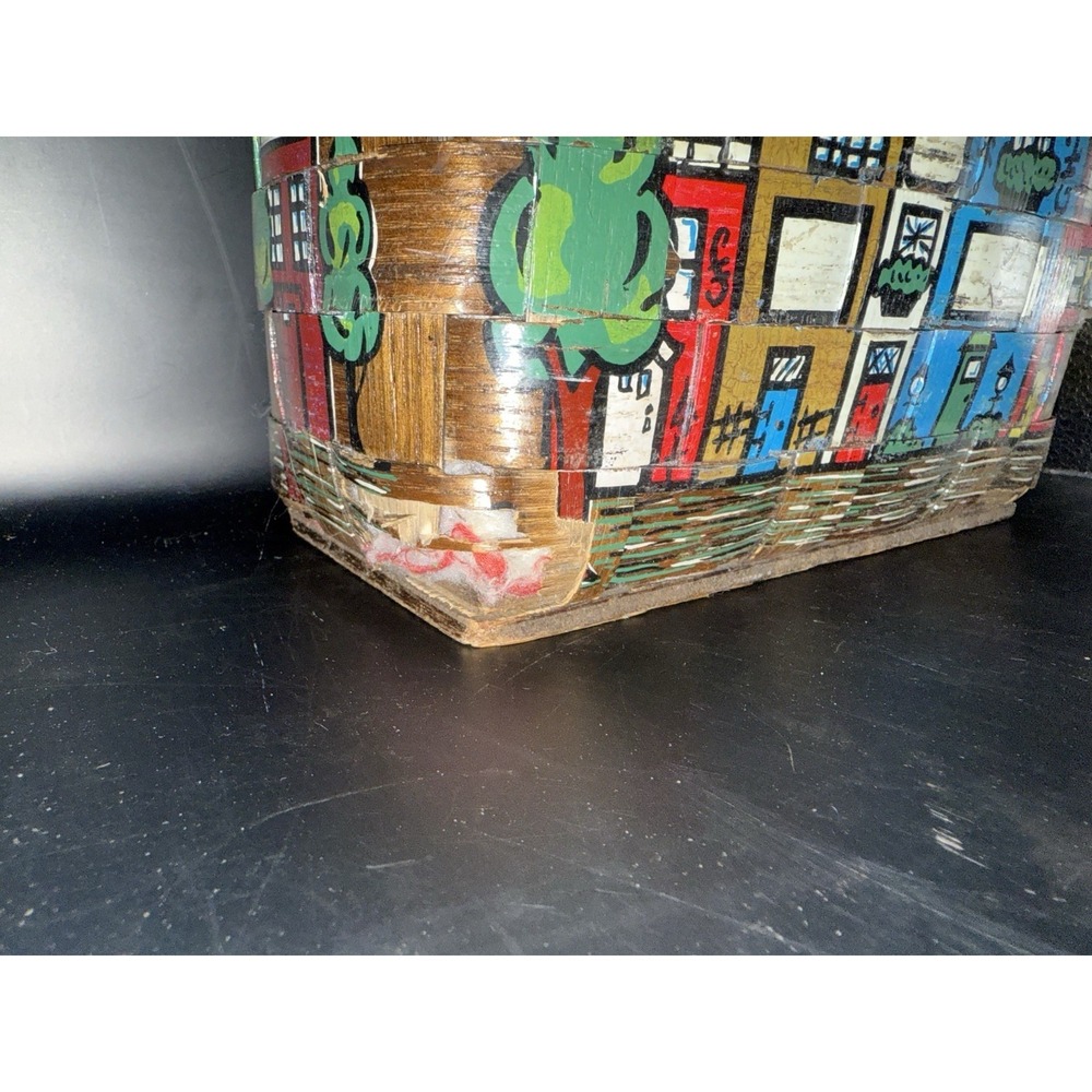 Vintage Smart Set Phenix Woven Basket Purse Handbag Painted Houses 1960s - Picture 4 of 7